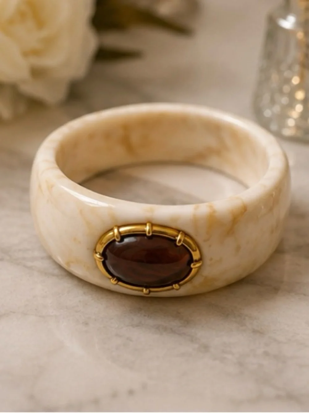 Vintage Cream Marbled Resin Cuff Bracelet with Brown Cabochon – Gold-Tone Statem